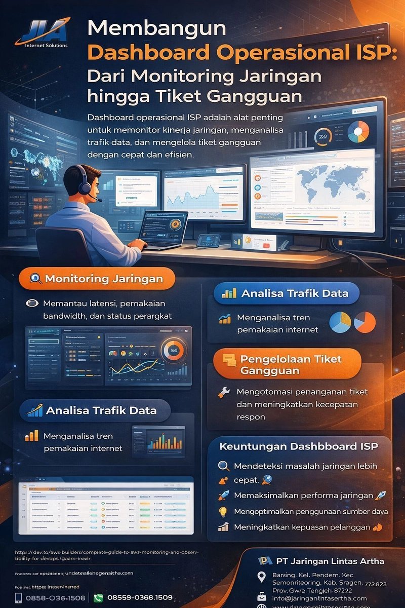 Infografis ini membahas pentingnya dashboard operasional ISP sebagai pusat kendali untuk memantau performa jaringan, membaca pola trafik data, serta mempercepat penanganan tiket gangguan. Dengan pendekatan visual yang modern dan informatif, materi ini menggambarkan bagaimana sistem monitoring yang terintegrasi dapat membantu penyedia layanan internet meningkatkan efisiensi operasional, menjaga kualitas koneksi, dan memberikan pengalaman pelanggan yang lebih baik. Desain dibuat selaras dengan identitas visual perusahaan agar tampil profesional, menarik, dan relevan untuk kebutuhan publikasi digital.