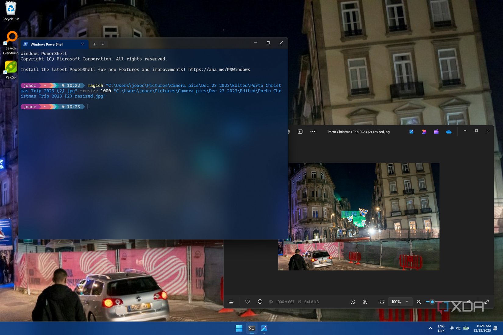 Screenshot of Windows Terminal after running a command to resize an image. The resized image is shown in the Photos app next to the terminal