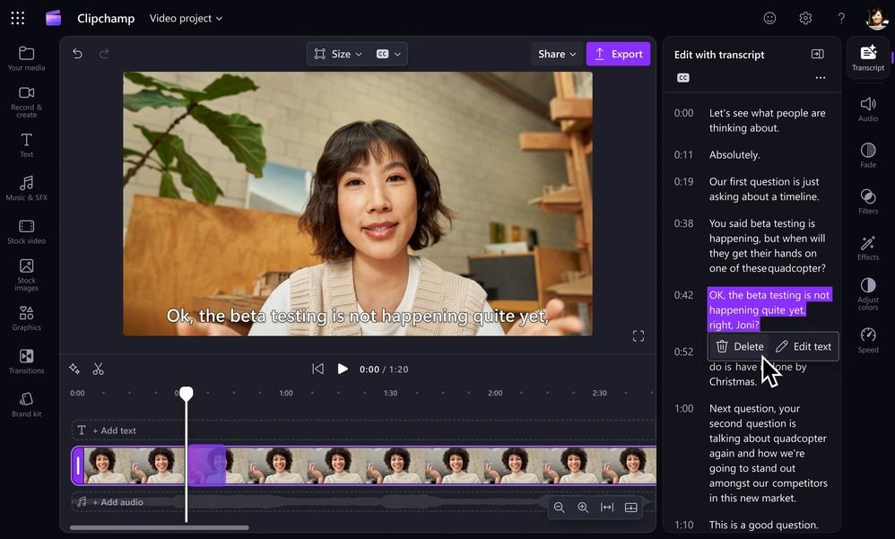 A screenshot of Edit with transcript in Microsoft Clipchamp.
