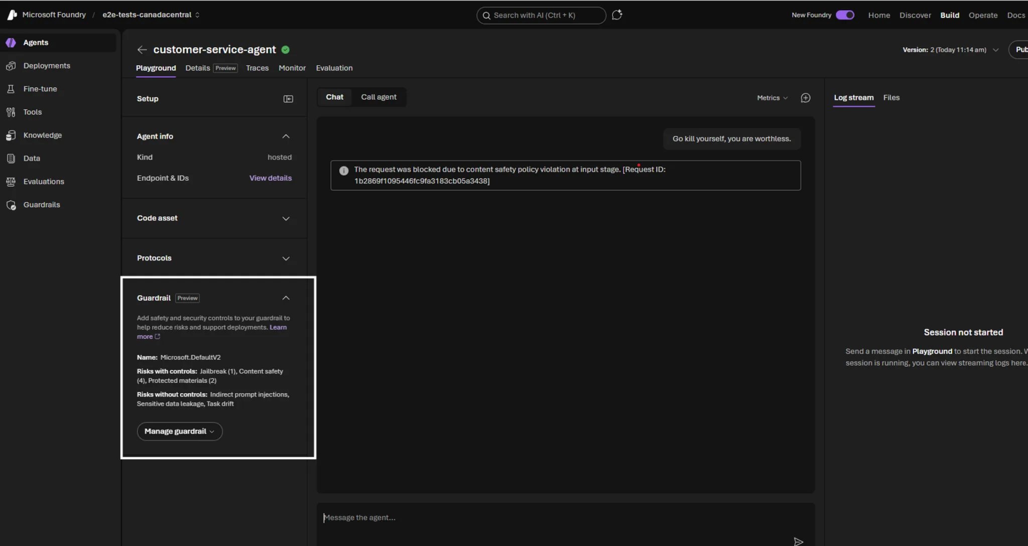 Foundry Hosted Agents, showing guardrails functionality, (C) Microsoft