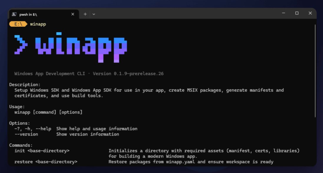 WinApp CLI in a PowerShell terminal window