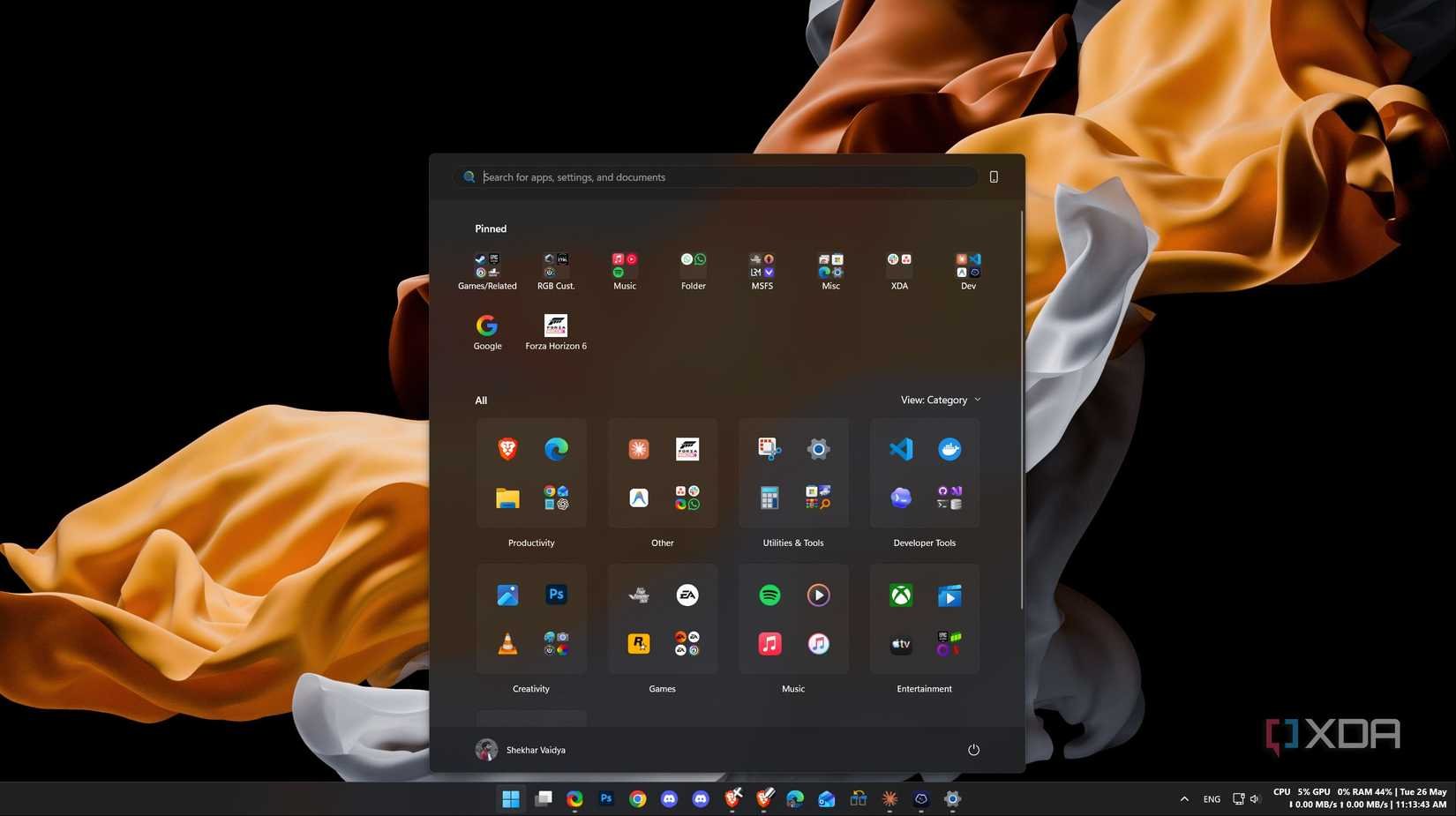 Windows 11 Start menu showing only pinned apps and app categories with no recommended section