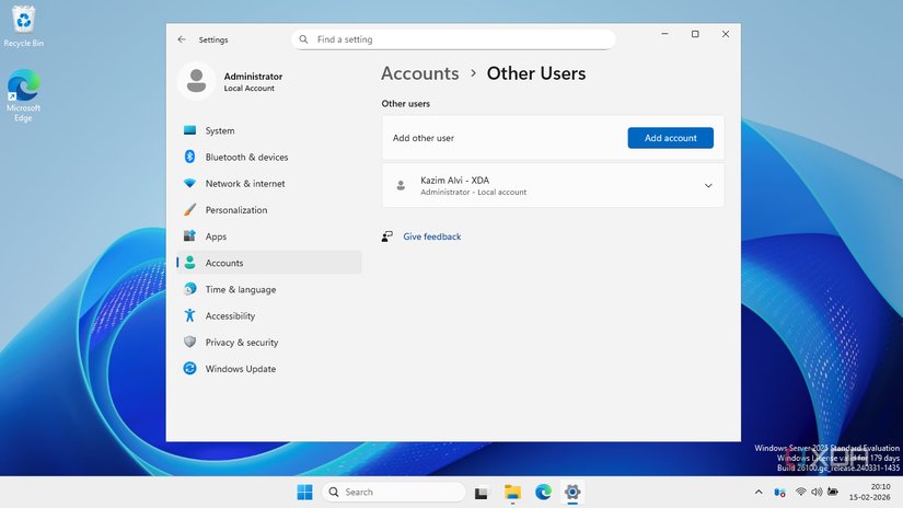user settings  on Windows Server