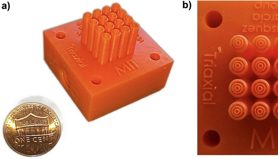 An image of a small 3D printed triaxial electrospray array