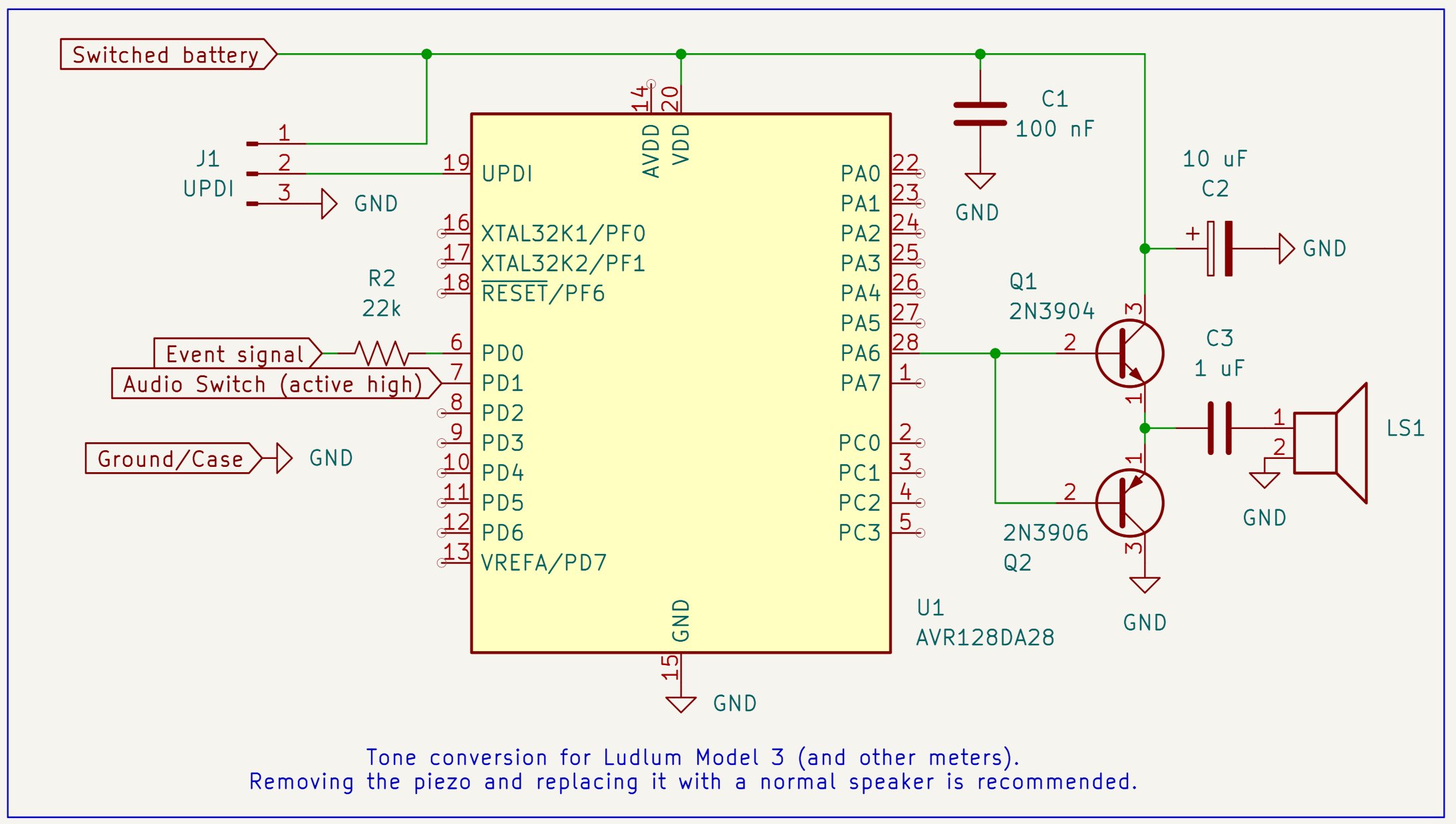 Schematic diagram showing how to connect a microcontroller to replace the audio section of a Ludlum meter