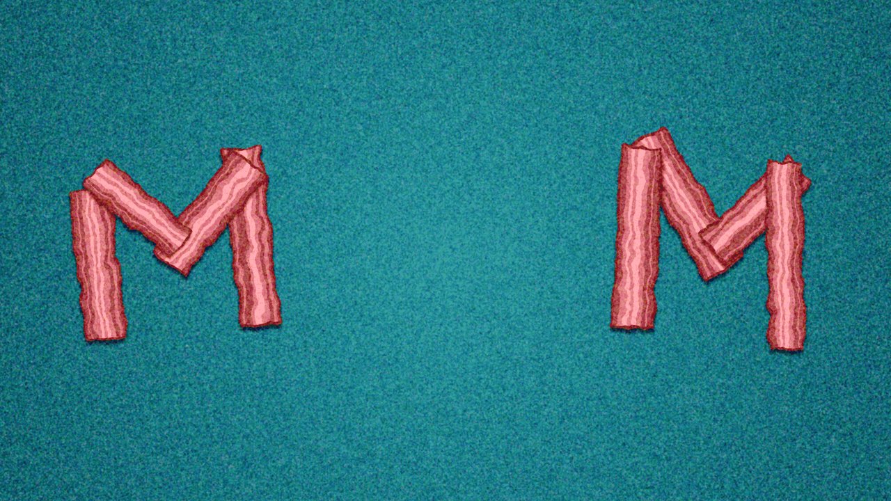 Animated illustration of a stack of pancakes falling, one by one, between two Ms made out of bacon, to form the word MOM. Syrup is poured on the pancakes, which then disappear in a series of bitemarks.