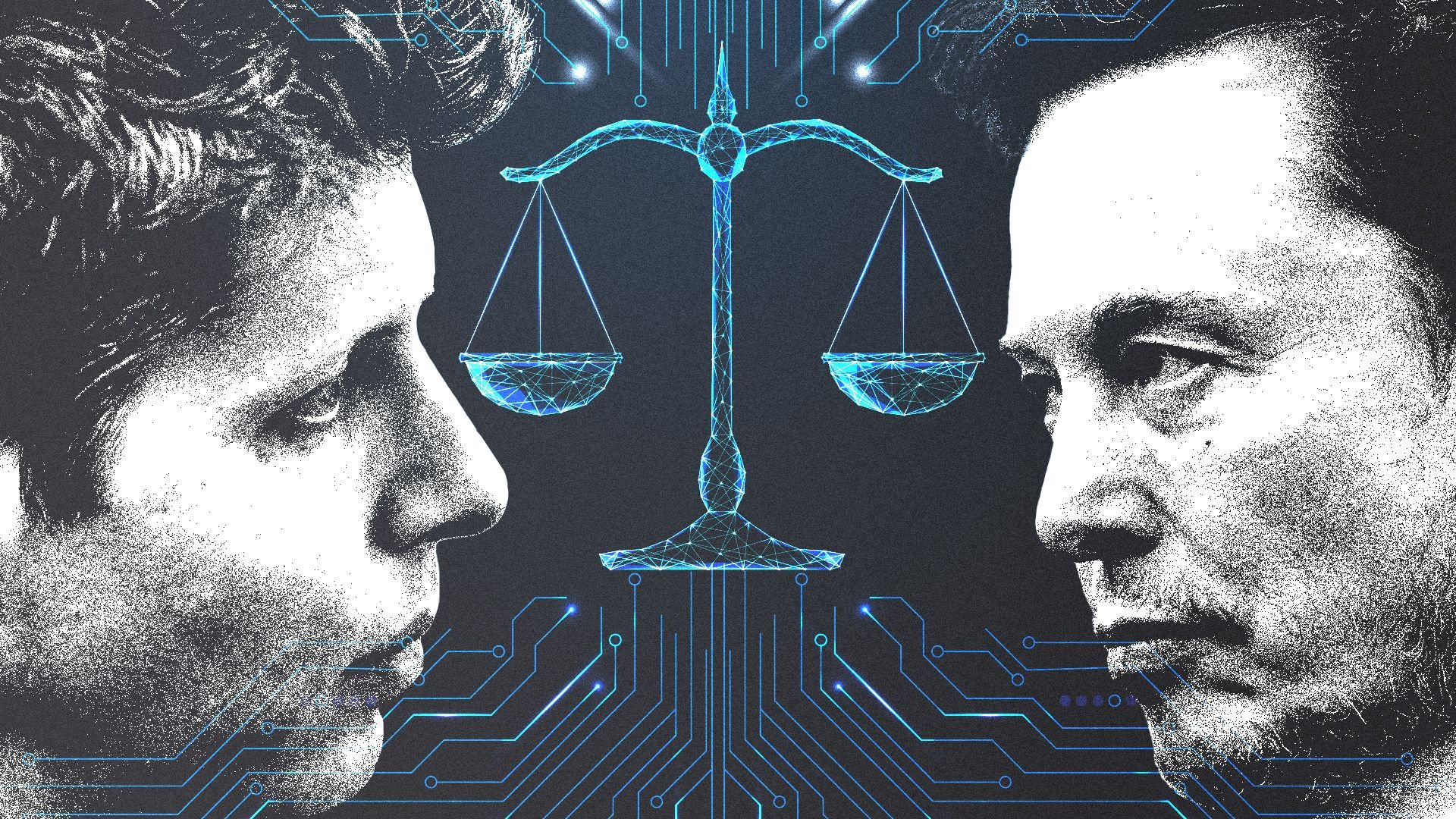 Photo illustration of Elon Musk and Sam Altman staring at each other with a stylized wireframe scale of justice and circuitry patterns glowing between them. 