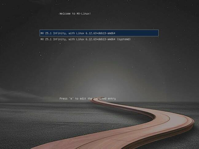 The attractively-themed GRUB menu offers a choice of init systems on the Advanced menu.