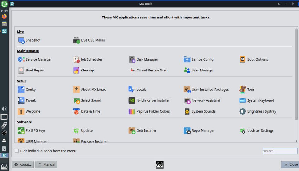 The MX Tools home screen, showing the categories of Live, Maintenance, Setup, and Software