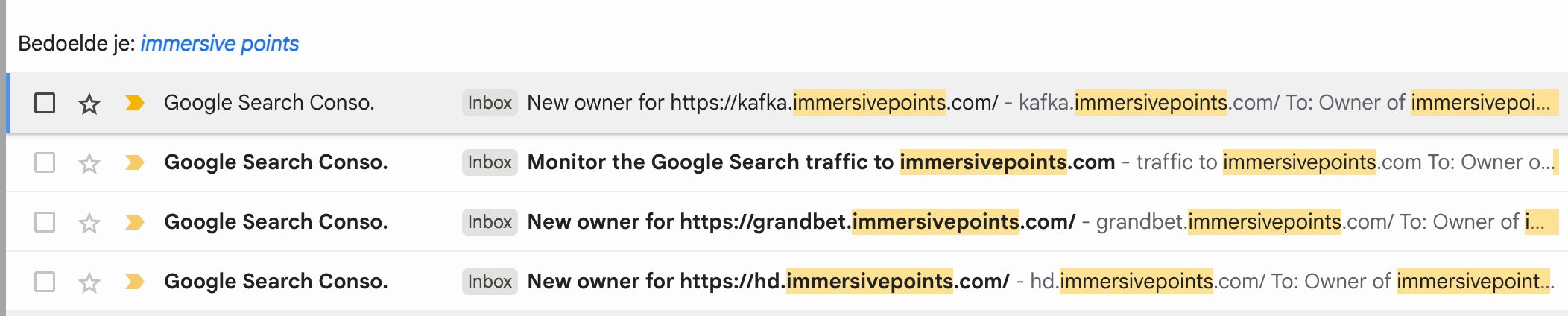 Gmail inbox showing several Google Search Console emails about new owners on kafka, grandbet, and hd subdomains of immersivepoints.com