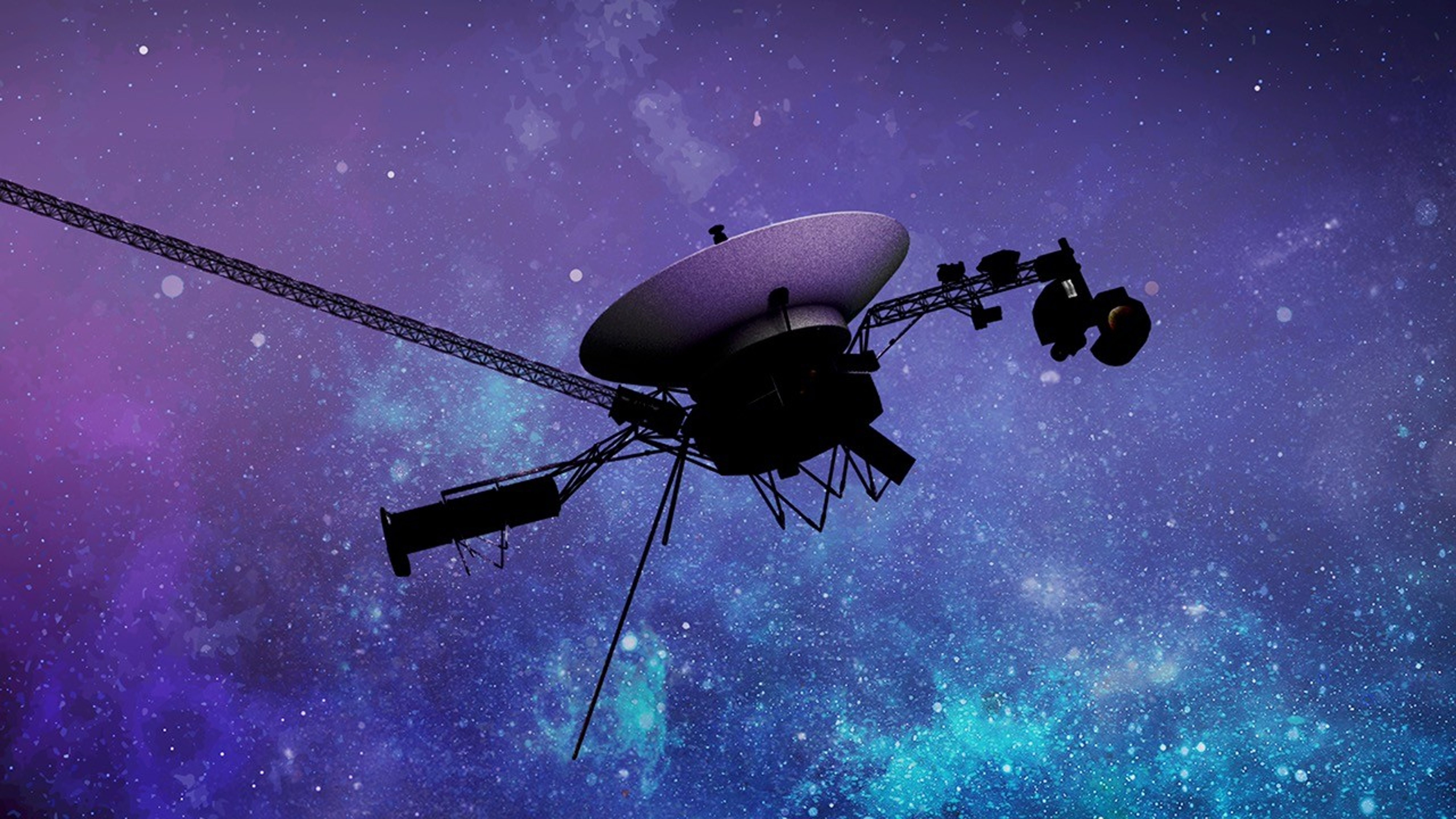 An artist’s concept of a Voyager spacecraft silhouetted against a vibrant purple and teal nebula.