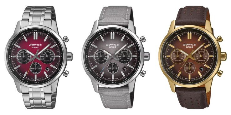 From left to right: the Casio Edifice EFR-575D-4A, EFR-575C-8A and EFR-575CL-5A watches