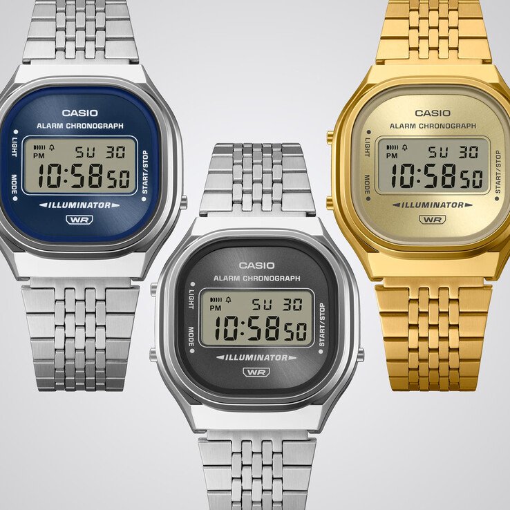From left to right: Casio A140WE-8A, A140WE-2A, and A140WEG-9A.