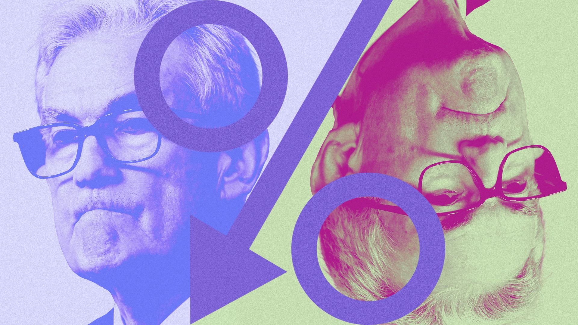 Photo illustration of Fed Chair Jerome Powell with a percent sign with a downward facing arrow