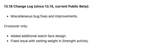 The release notes for beta version 13.18 for the Instinct 3, Instinct E and Instinct Crossover smartwatches. (Image source: Screenshot of Garmin Forum post)
