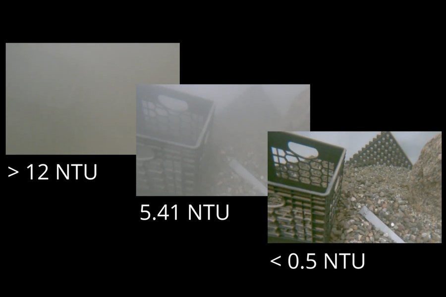 Three images showing sea sediment at less than 0.5 NTU, 5.41 NTU, and more than 12 NTU.