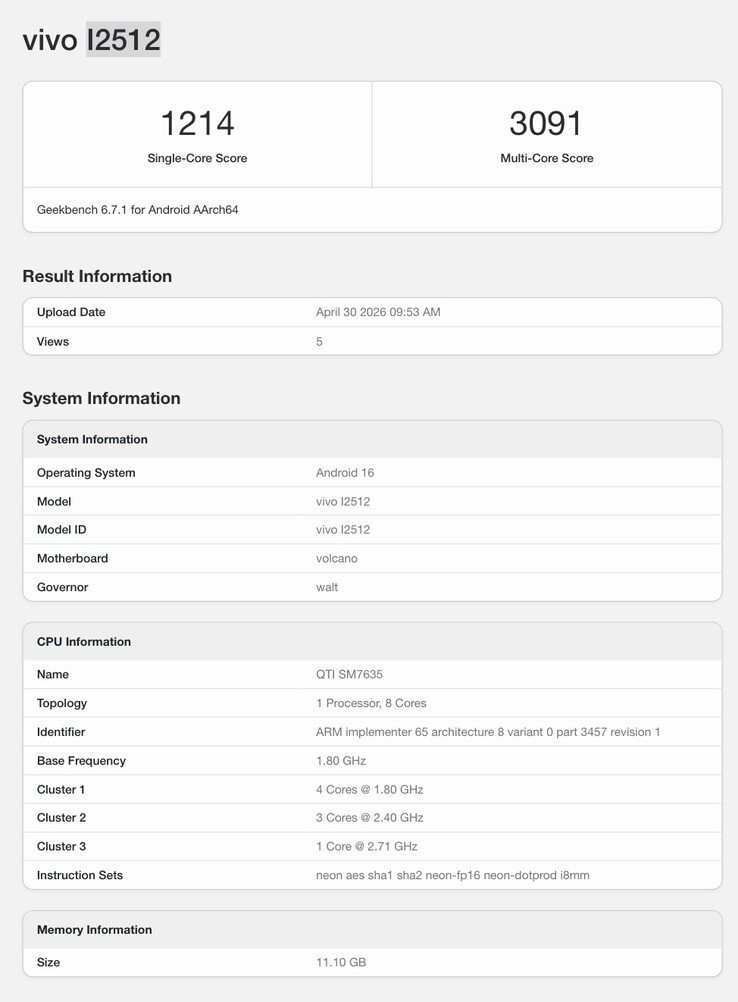 Geekbench listing of the iQoo Z11.