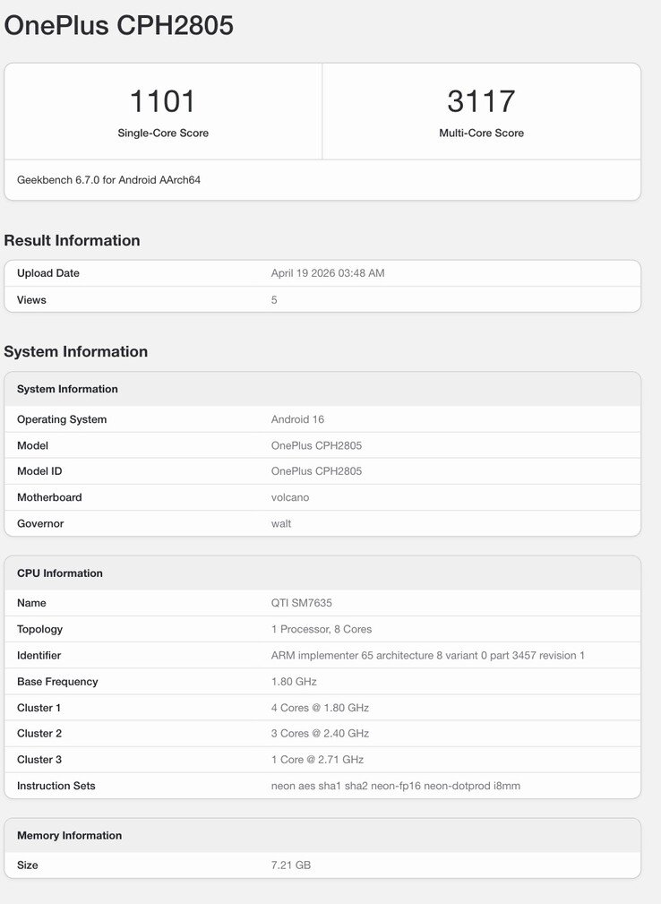 Geekbench listing of the alleged Nord CE 6.