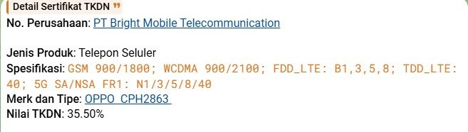 TKDN listing reveals 5G support across five bands.