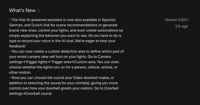 The Apple App Store release notes for Philips Hue app version 5.60.1
