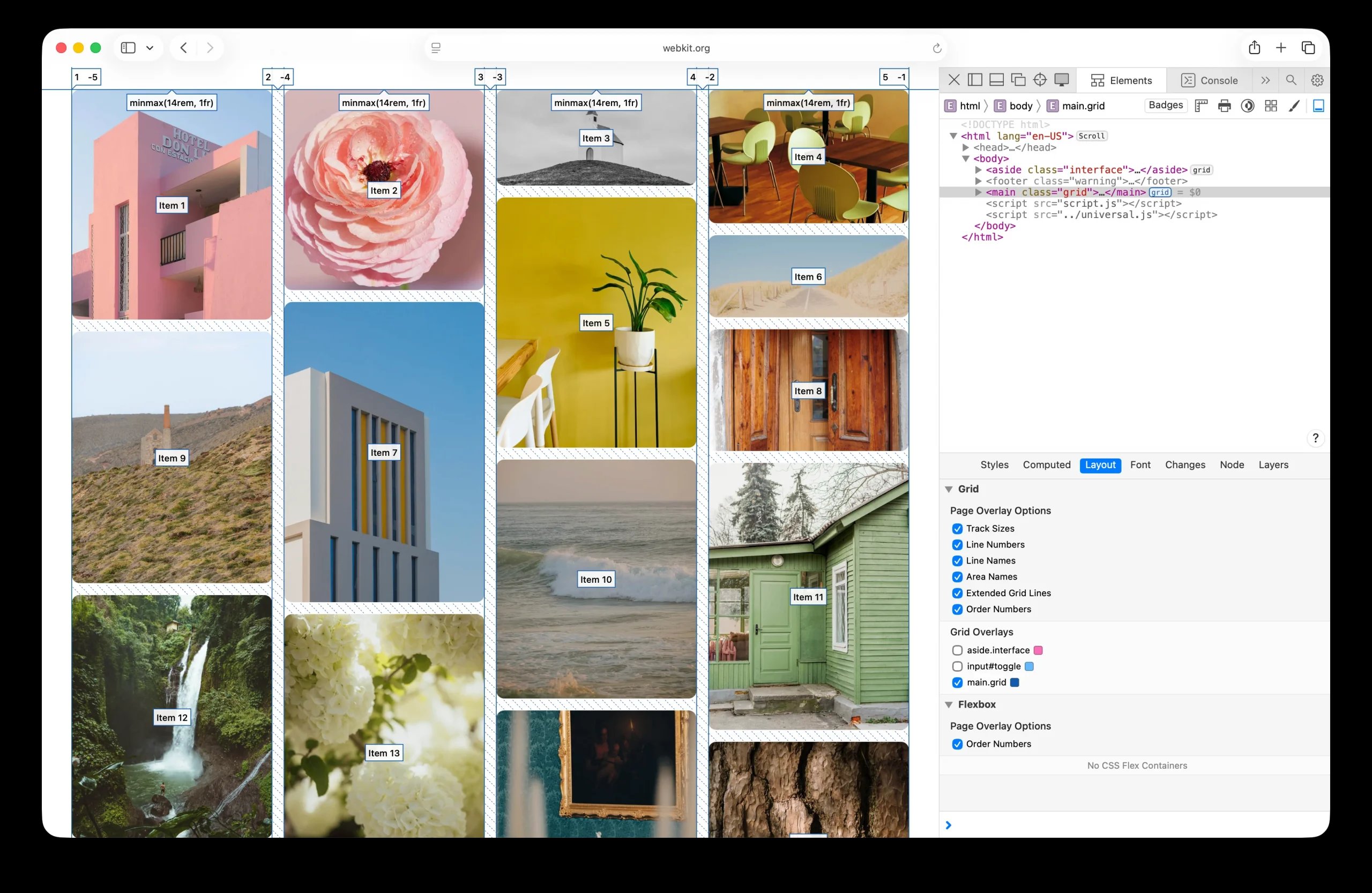 Grid Lanes photo demo in Safari, with Web Inspector open to the Layout panel, and all the tools for the Grid Inspector turned on. Grid lines are marked with dotted lines. Columns are labeled with numbers and sizes. And each photo is marked with a label like Item 1 — which makes it clear the order of content in the layout.