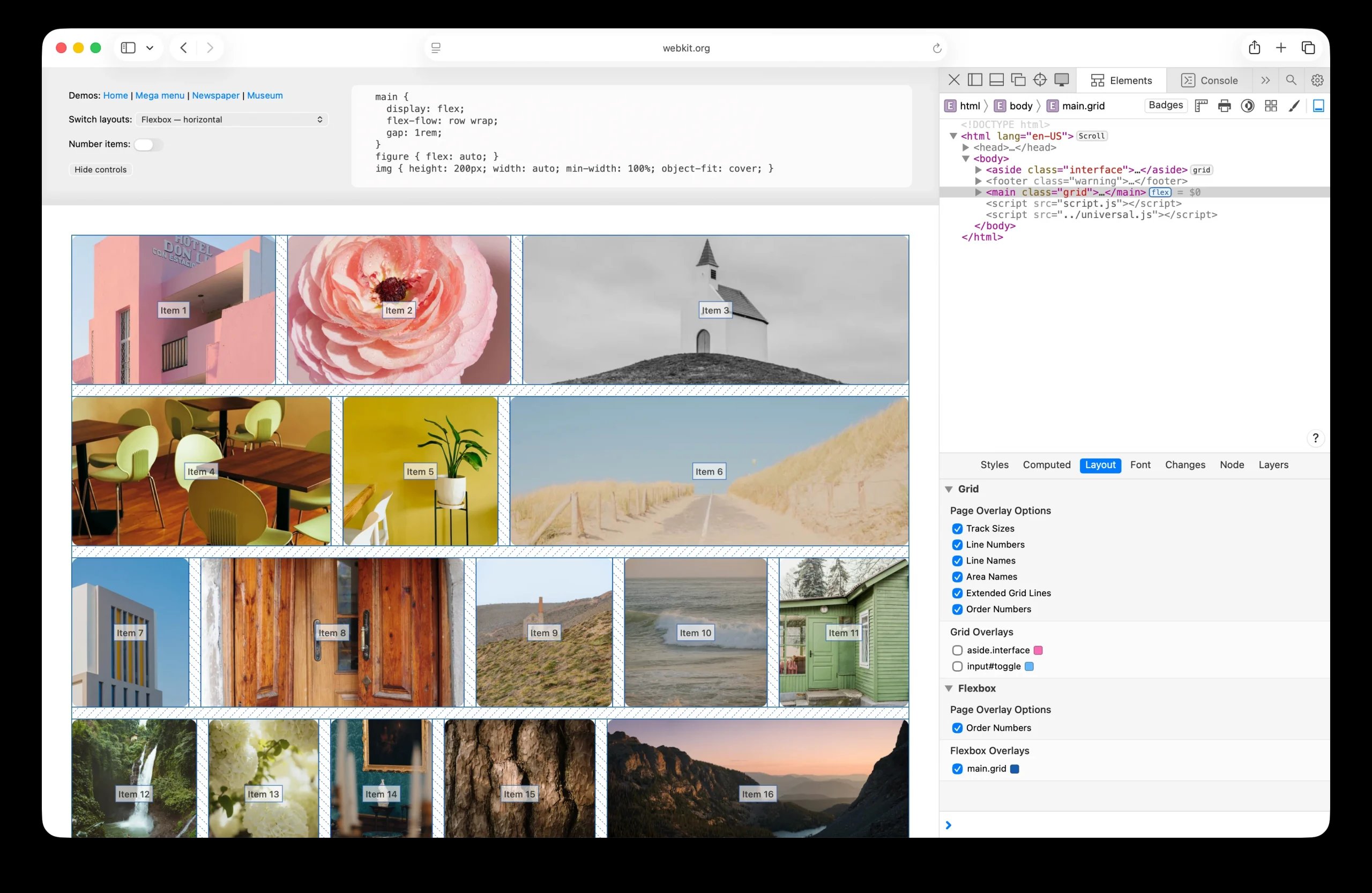 Web browser showing photo layout — this time a Flexbox layout. The Web Inspector is open to the Layout tab, and the Flexbox Inspector is enabled. The lines of the layout are marked with dotted lines... and each item is labeled with its order. 