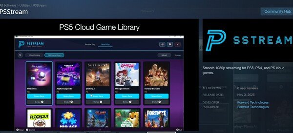 PSStream PS5 Game Library feature shown (Image source: screenshot, Steam, PSStream with edits)