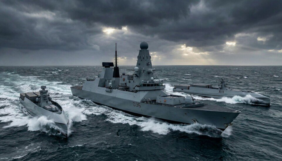 Computer-generated image of two Navantia LASV75 uncrewed surface vessels accompanying a Royal Navy Type 45 destroyer at sea.
