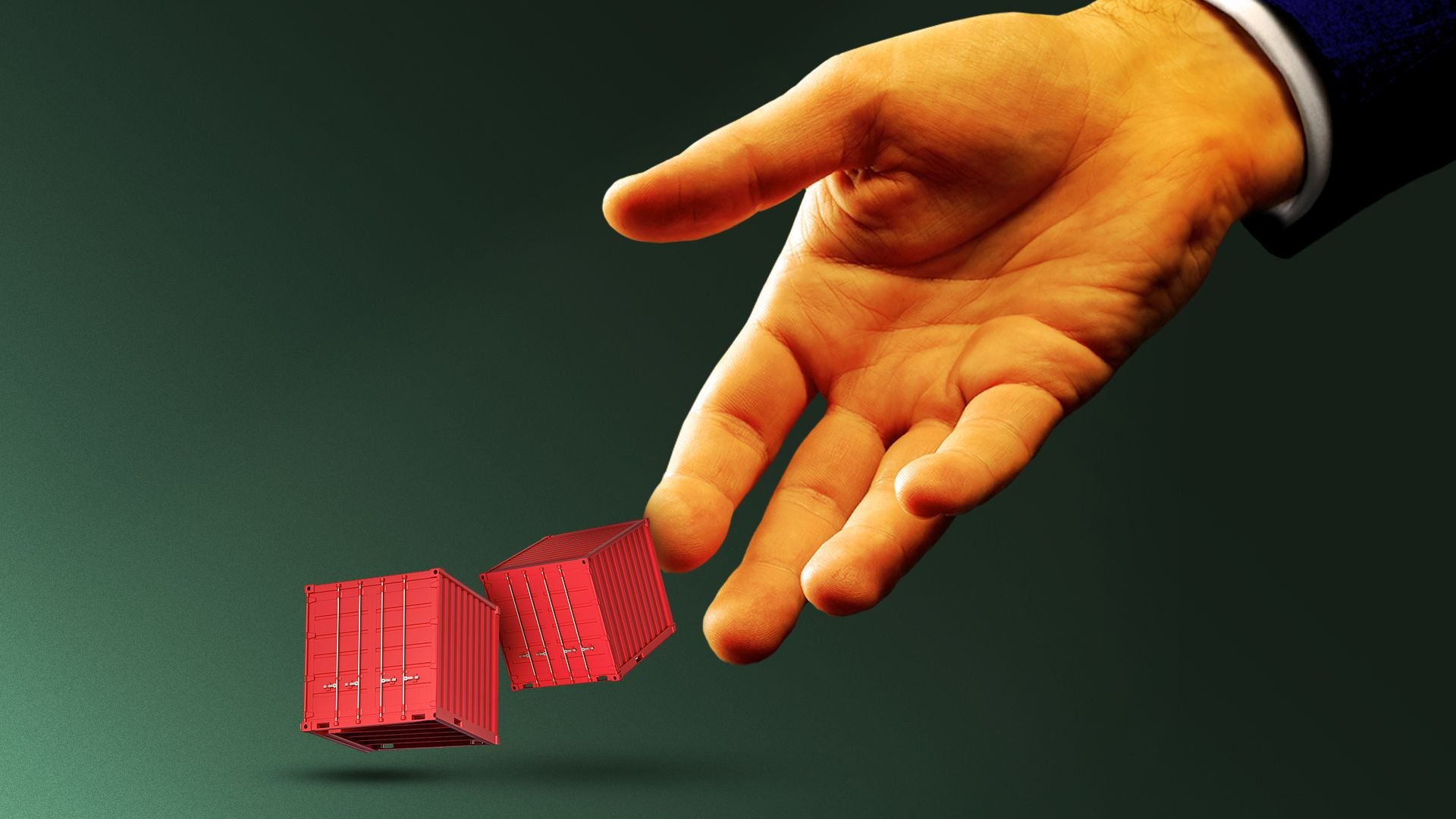 Illustration of a hand throwing dice but the dice are actually small shipping containers. 