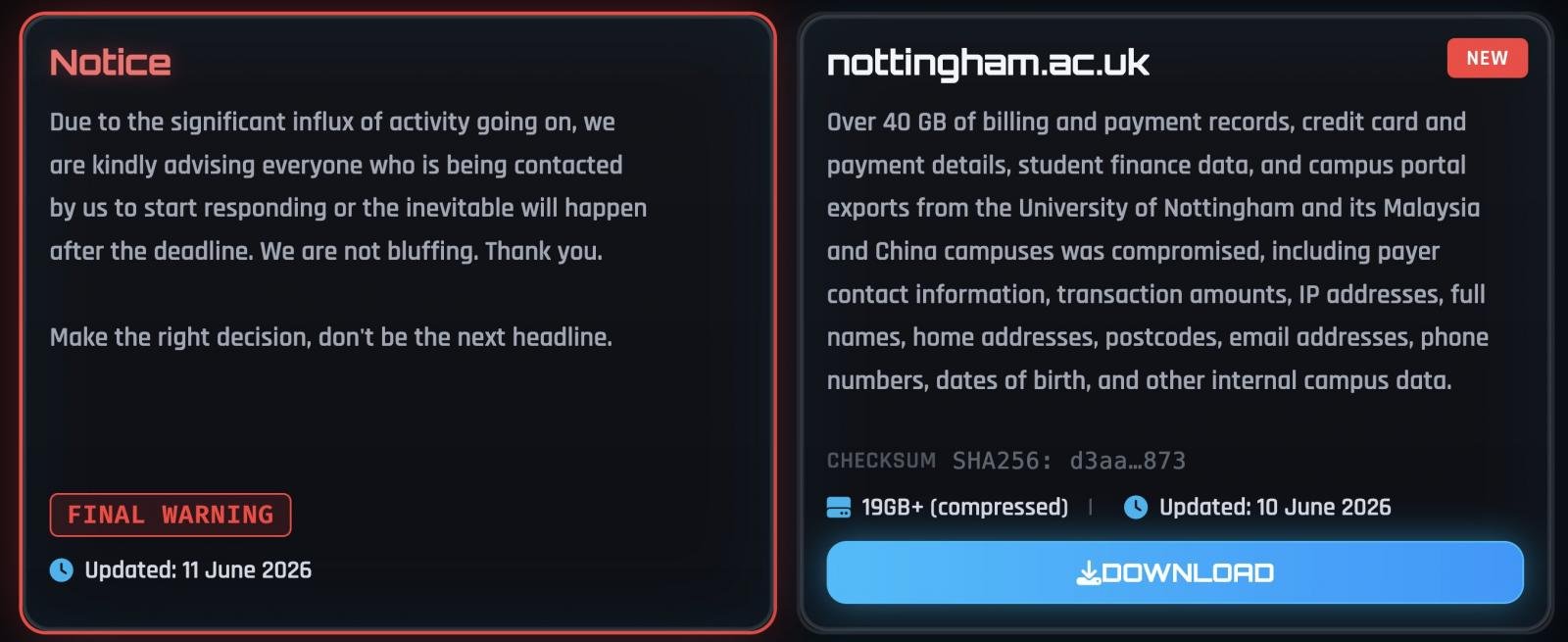 Nottingham University on ShinyHunters leak site
