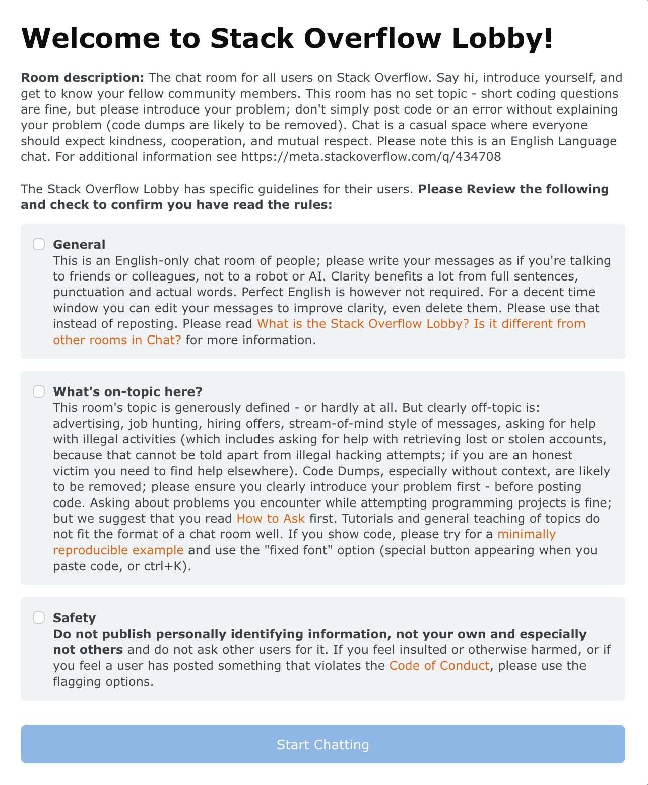 Example rules for the Stack Overflow chat lobby. 