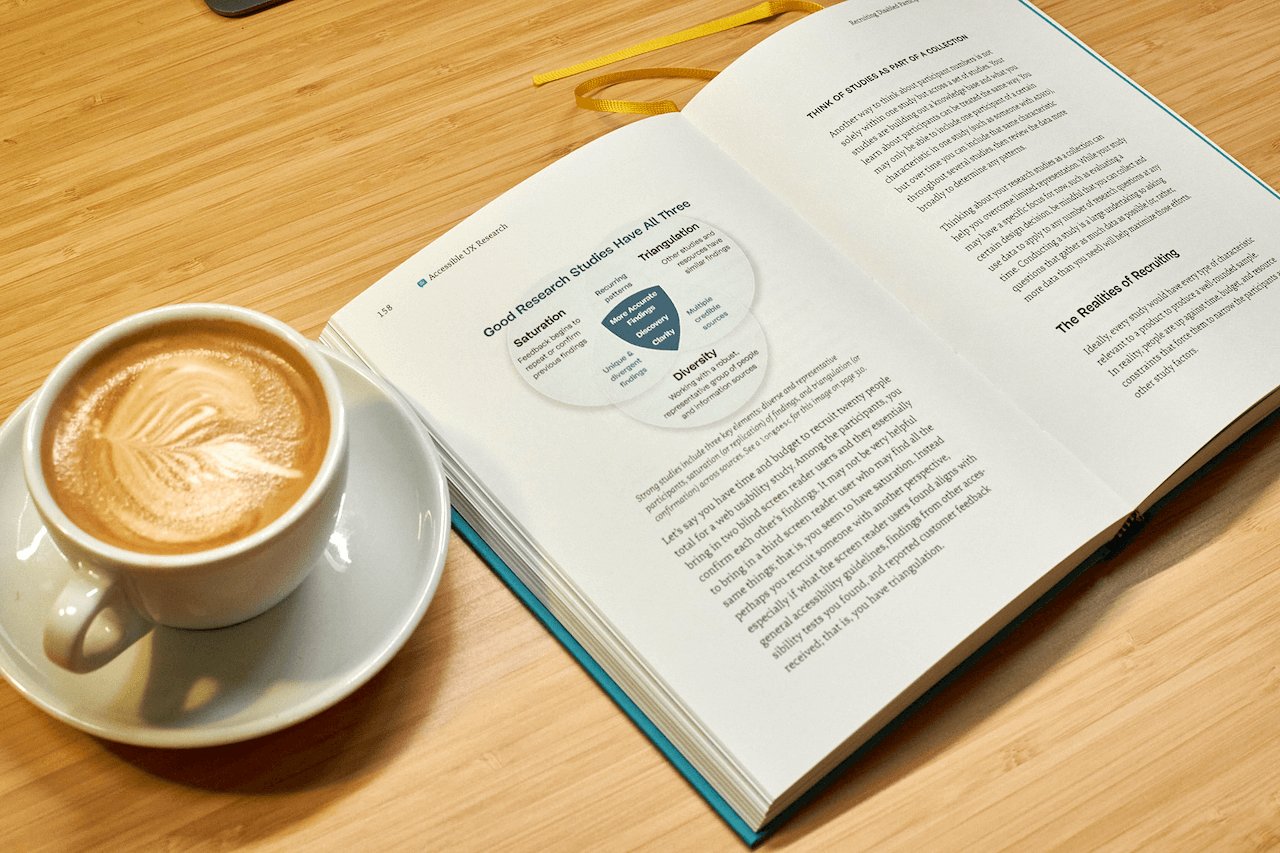 The open book on a wooden table, with a cup of coffee next to it. The left page shows a diagram visualizing the key elements of strong research studies. The right page is about recruiting disabled participants.