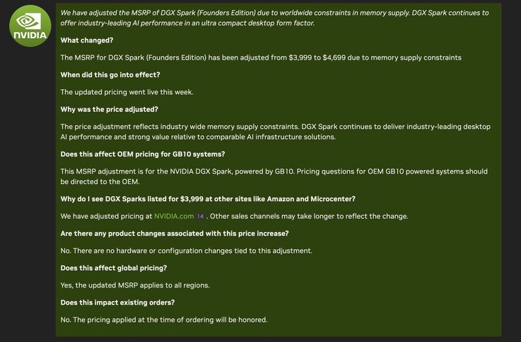 Nvidia updates pricing for its DGX Spark mini workstation PC.
