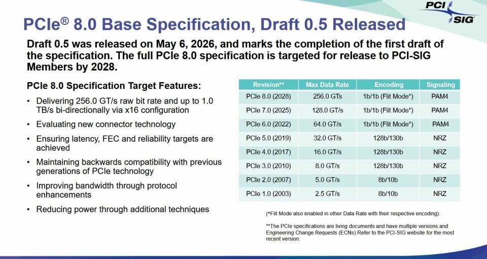 Slide showing base specifications for PCIe 8.0 and a comparison with older versions.