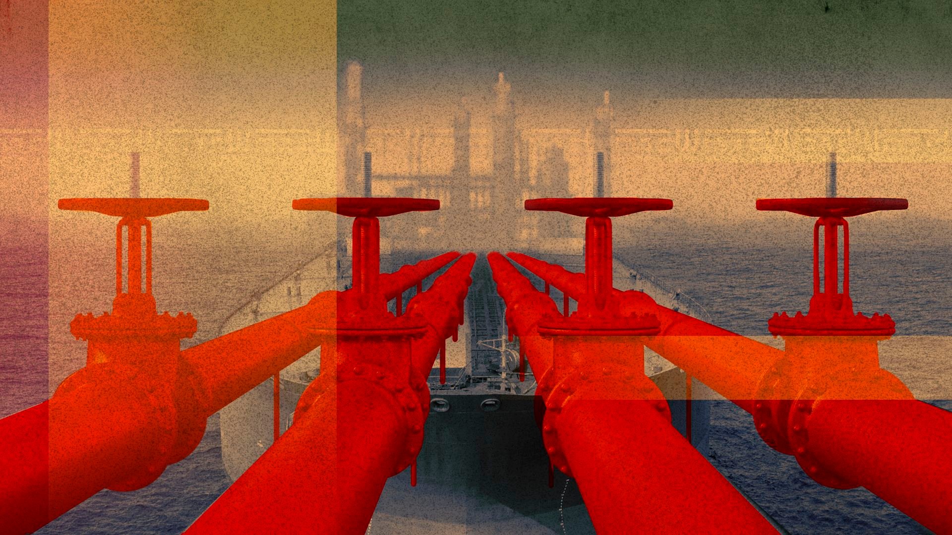 Illustration featuring an oil pipeline, an oil tanker in the ocean, and elements of the Iranian flag