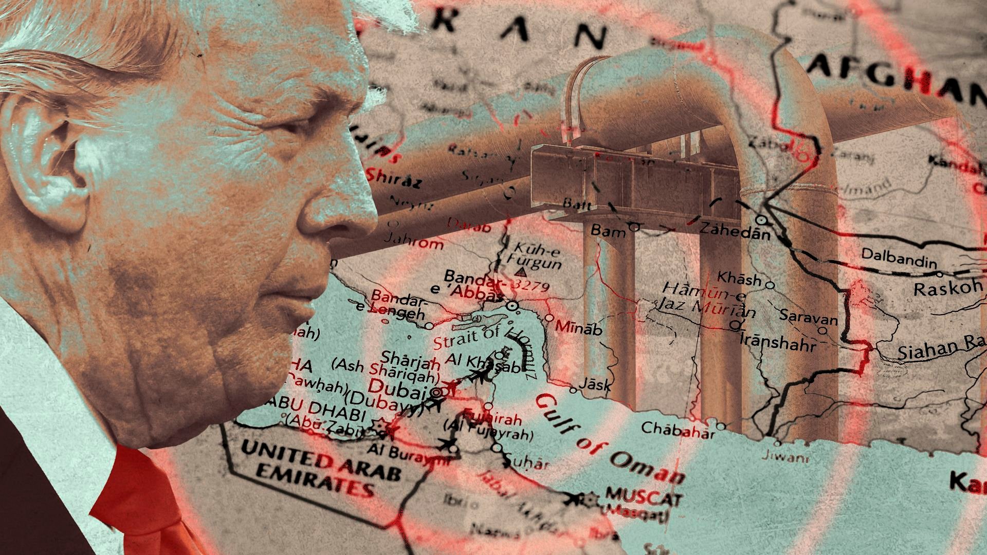 Illustration of President Trump in profile overlooking a map of the Middle East featuring the Strait of Hormuz and an image of an oil pipeline