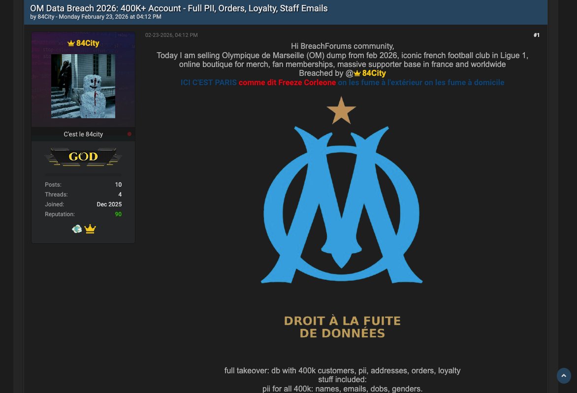 Olympique de Marseille entry on hacking forum