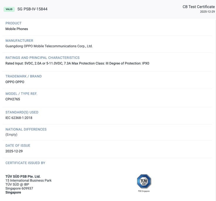 TÜV SÜD certification of the Oppo Find N6. (Image source: TÜV SÜD)