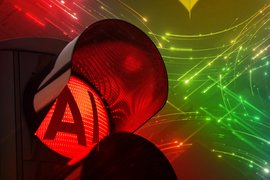 A red stop light has the words, “AI” and a traffic intersection is in the background.