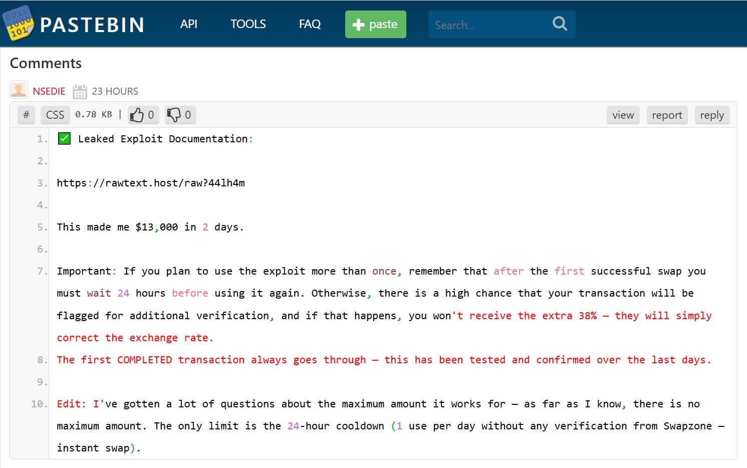 Phishing comment on Pastebin