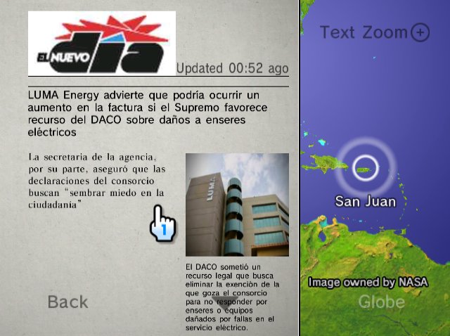 Wii News Channel showing a contemporary news article from El Nuevo Día