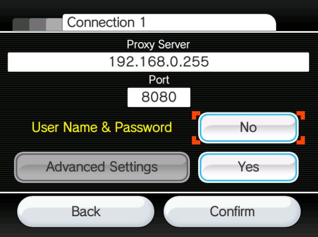 wii system internet connection menu showing available proxy settings