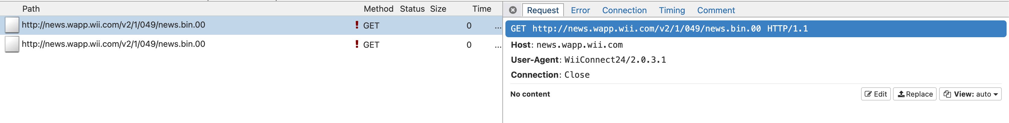 mitmproxy web showing two HTTP requests from the Wii to http://news.wapp.wii.com/v2/1/049/news.bin.00