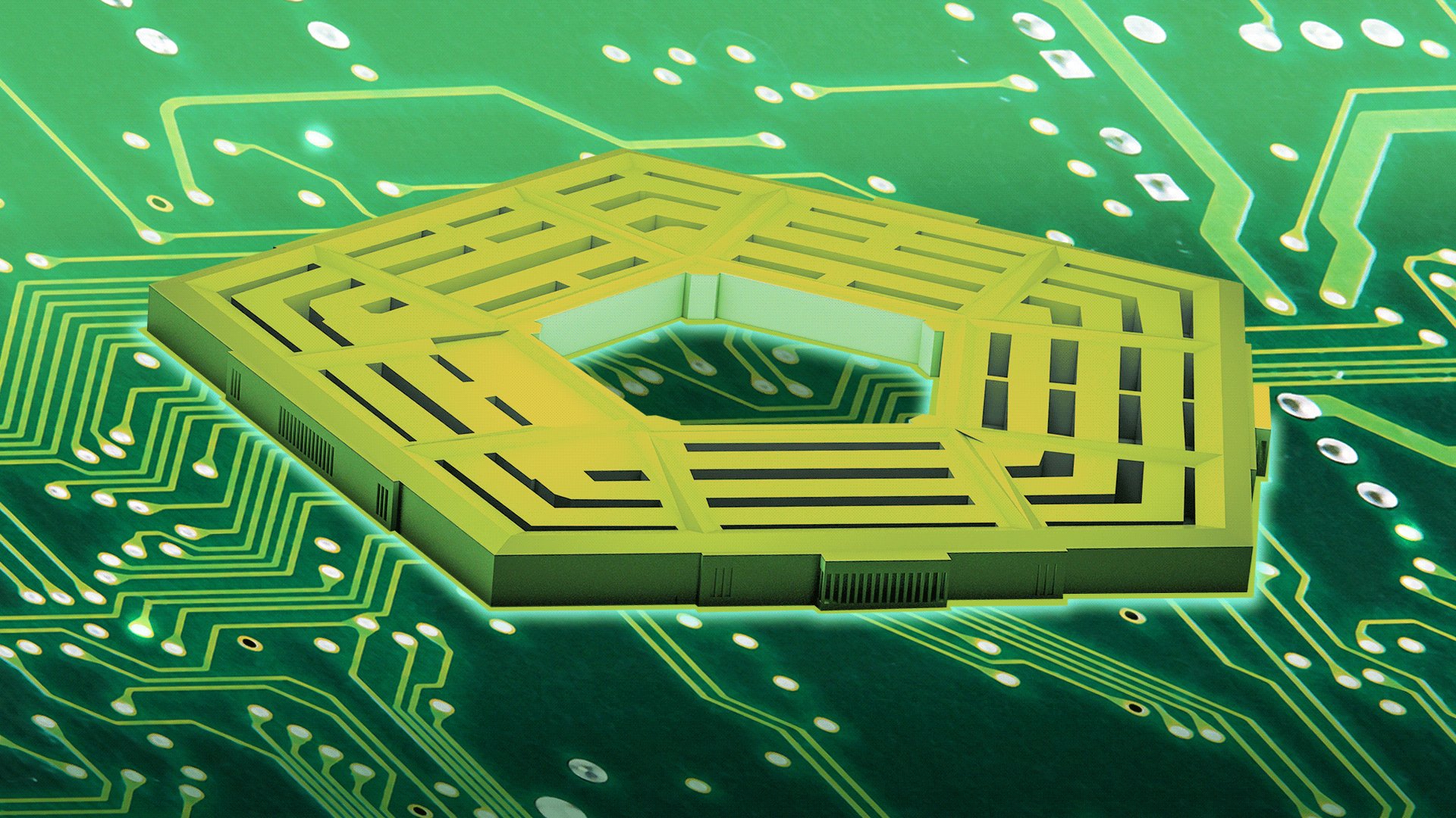 Animated illustration of the Pentagon Building as the center of a computer circuit board 