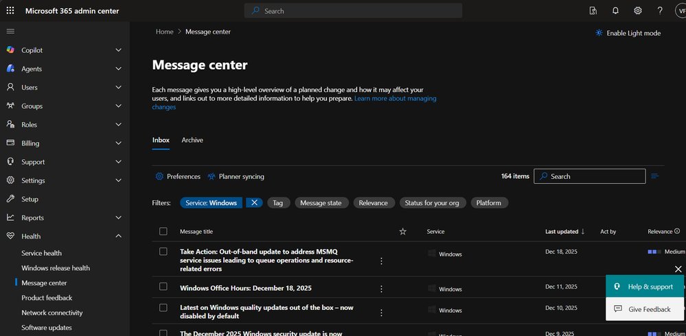 Screenshot of the Message center Inbox, showing a list of messages filtered to the Windows service