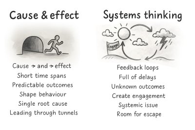 Diagram comparing cause-and-effect thinking (linear, predictable outcomes) with systems thinking (feedback loops, delays, and unknown outcomes).