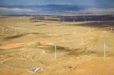 Wind turbines near the Gahai Wetland Reserve in Qinghai Province.