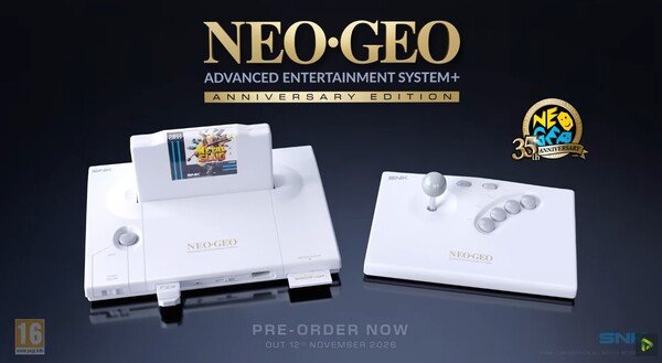 The NeoGeo AES+ Anniversary Edition is white and comes with a wireless Arcade Stick.