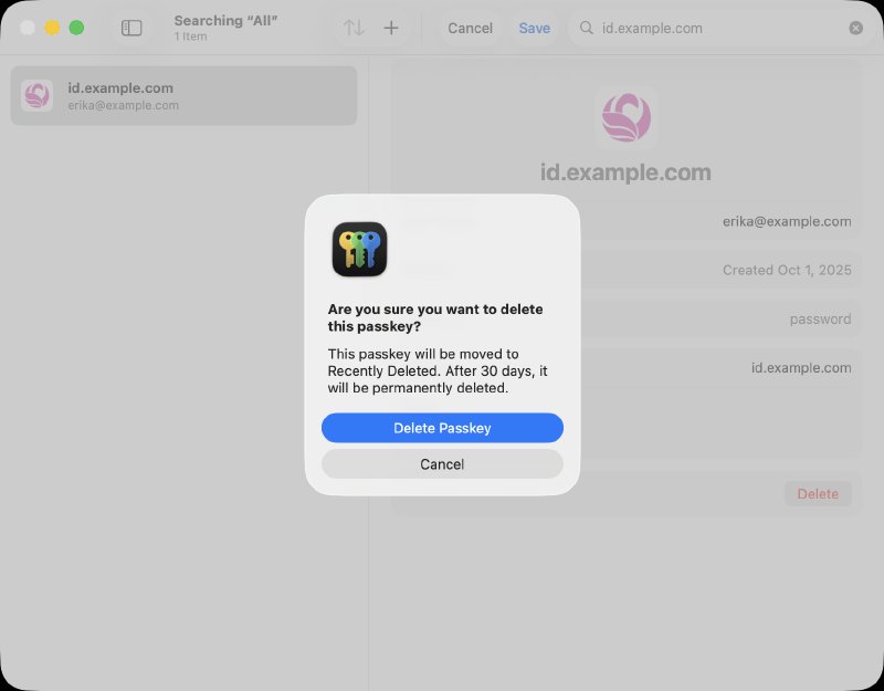 Apple Passwords delete passkey
