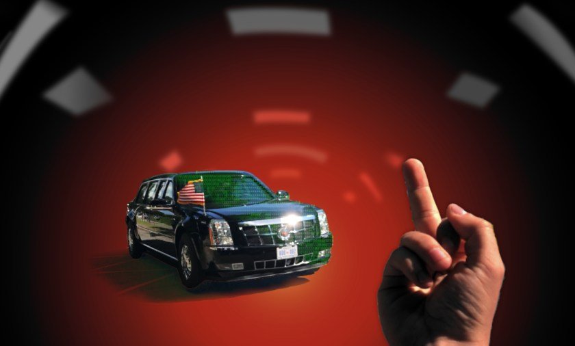 An armored luxury car driving towards the viewer; in the foreground, a hand is flipping off the car. The background is the hostile, glaring red eye of HAL 9000 from '2001: A Space Odyssey.' Half of the car has been overlaid with an ASCII art conversion of the car itself.